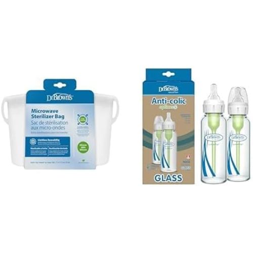Dr. Brown's Reusable Silicone Sterilizer Bag, Narrow Glass Anti-Colic Baby Bottles with Slow Flow Nipples, 8 oz 2 Pack