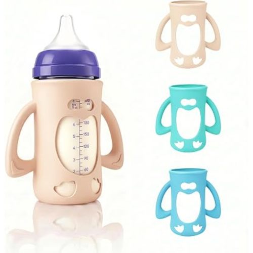 3-Pack Silicone Sleeves for New Lansinoh Glass Bottles, BPA-Free Drop-Resistant Baby Bottle Sleeves with Handles, Compatible with Lansinoh Anti-Colic Glass Baby Bottles (8 oz)