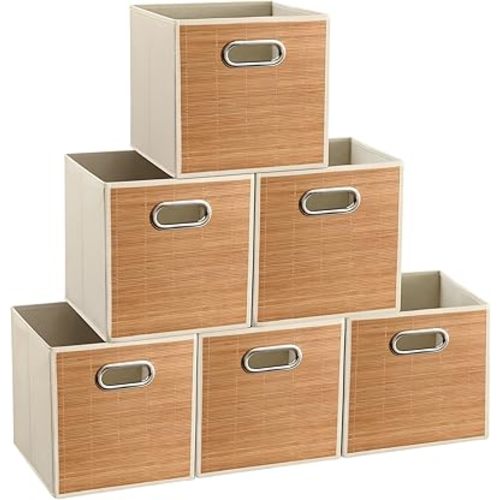 10.5x10.5in Bamboo Storage Cubes Storage Baskets, 6-Pack Foldable Handwoven Bamboo Strip Wicker Basket, Wicker Cube Storage Bins for Organization, Closet, Shelves, Home, Offices