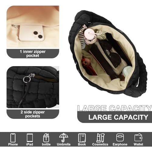 Quilted Puffer Tote Bag Purse Puffy Crossbody Shoulder Bag,Lightweight Nylon Hobo Bag Puffer Carryall Bag for Women Girl