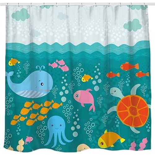 Sunlit Lovely Cartoon Sea Creatures Fabric Shower Curtain for Kids, Whale Turtle and Fish Bathroom Decor Curtain for Girls and Boys