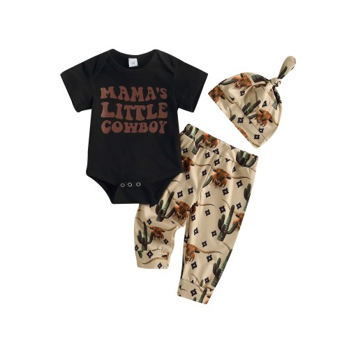 jaweiwi Infant Baby Boys Summer Western Clothes Set 0 3M 6M 12M 18M Toddler Outfits for Boy Letter Print Crew Neck Short Sleeve Romper Cow Head/Boots Print Pants Hat 3Pcs Suit
