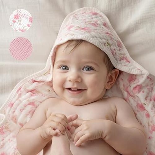 Looxii Baby Bath Towels 2 Pack Muslin Hooded Baby Towels for Newborn and Infants, 100% Cotton, Large 32x32Inch, Soft and Absorbent Pink+Flowers