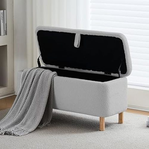 Storage Bench Bedroom Bench Sherpa Ottoman Storage Entryway for Living Room Rectangular Boucle Foot Rest Stool Padded Seat (39.5",Gray)
