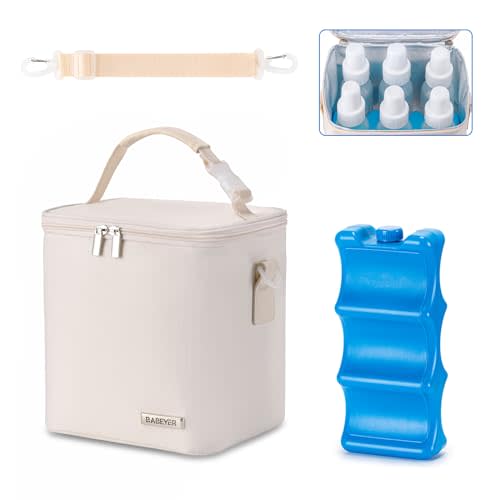 BABEYER Breastmilk Cooler Bag with Ice Pack Fits 6 Baby Bottles Up to 9 Ounce, Baby Bottle Bag with Shoulder Strap for Nursing Mom Daycare, Cream