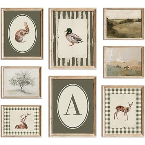 Kizbok Vintage Nursery Wall Art for Baby Room Decor, Green Kids Room Wall Decor Bunny Duck Bird Deer Animals Landscape Canvas Art Prints Artwork, Neutral Farmhouse Nursery Wall Decor Poster for Bedroom, Toddler Kids Playroom - Unframed