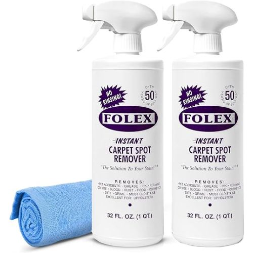 FOLEX 32 oz Instant Carpet Spot Remover Carpet Cleaner with Reusable Cleaning Cloth - Removes Pet Accidents, Grease, Red Wine and More (2 Pack)