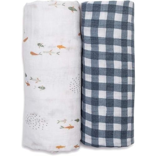 lulujo Baby Swaddle Blankets | Unisex Softest Breathable Cotton Muslin Swaddle Blanket Set | Neutral Receiving Blanket for Girls & Boys | 40in x 40in | Fish & Navy Gingham | 2-Count