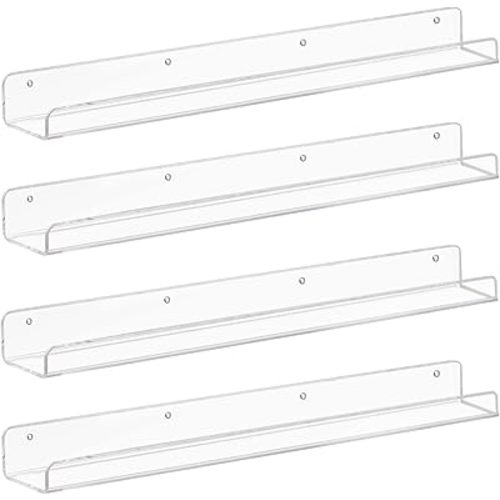 Weiai Clear Acrylic Floating Shelves 24 inches, Wall Bookshelf for Kids, Transparent Book Shelf Ledge for Wall, Set of 4