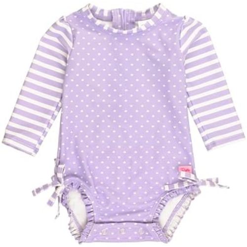 RuffleButts Baby Girls UPF 50+ Sun Protection Polka Dot Long Sleeve One Piece Rash Guard Swimsuit with Zipper