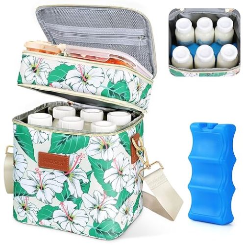 PIIOSER Breastmilk Cooler Bag with Ice Pack Fits 6 Baby Bottles Up to 9 Ounce, Insulated Baby Bottle Tote Bags, Double Layer Waterproof Leak-Proof with Shoulder Strap for Nursing & Working Mom (Cream)