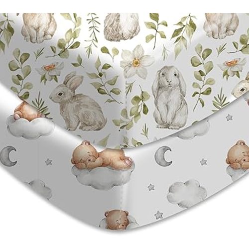 Baby Crib Sheets – Premium 100% Polyester Crib Sheets for Boys & Girls,52"x28" Toddler Bed Sheets,Fitted Crib Mattress Sheets,Soft Baby Sheets for Crib (Rabbit and Bear)