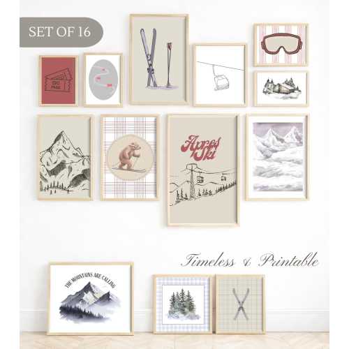Neutral Ski Wall Art Set of 16 | Ski Nursery Prints | Ski Chalet Decor | Vintage Winter Sports Art | Kids Playroom Wall Art
