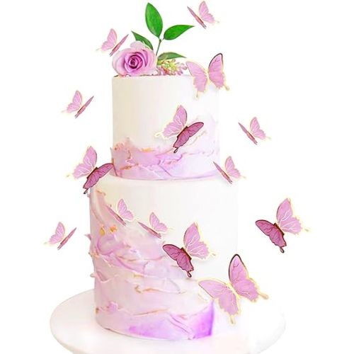 30pcs Purple Gold Edge Mixed Size Lively 3D Waterproof Swllowtail Butterfly Cupcake Topper for Girls Women's Happy Birthday Wedding Party Cake Wall Party Food Decorations