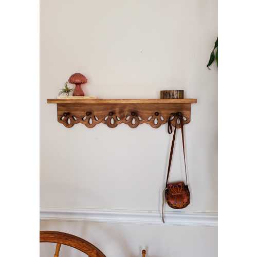 Wall mounted coat rack peg shelf with cute floral details, scalloped wall shelf for cottage style nursery, solid wood coat rack small wall