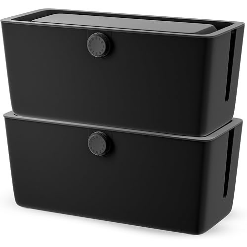 KinderSense® Cable Management Box - Cord Organizer with Child Proof Lock - Cord Hider to Conceal Wires,Power Strips from TV,Computer,Desk and Babies - 12 X 5.25 x 5.25 (Black 2-Pack)