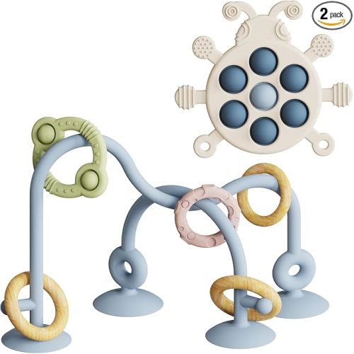 Baby Montessori Toy, High Chair Suction Cup Toy and Teething toy Set - Table Toy & Pop-it Fidget Teether for 6+ Months 1 2 3 Years, BPA Free Silicone Sensory Toys for Baby and Toddler (Beige)