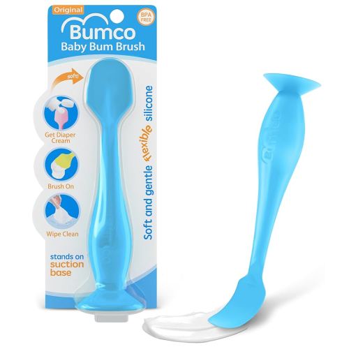 Bumco Baby Bum Brush - BPA-Free Diaper Cream Spatula with Suction Cup Base, Soft & Flexible Silicone, Wipe-Clean, Mom-Invented Diaper Bag Essentials (Blue)