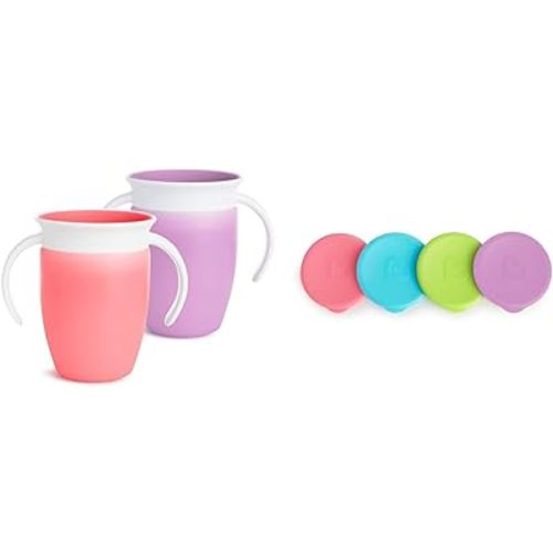 Munchkin® Miracle® 360 Trainer Sippy Cup with Handles, Spill Proof, 7 Ounce, 2 Pack, Pink/Purple & Miracle® 360 Sippy Cup Lids, 4 Count, Pink/Blue/Green/Purple