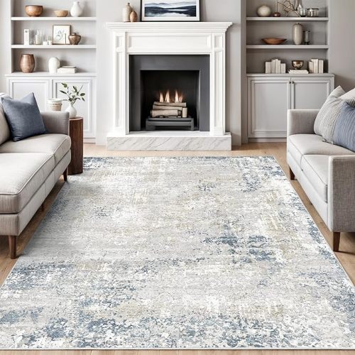 Art&Tuft Washable Rug, Anti-Slip Backing Abstract Area Rugs, Stain Resistant Rugs for Living Room, Foldable Machine Washable Area Rug(TPR53-Beige/Blue, 8'x10')