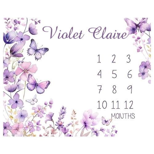 Personalized Baby Milestone Blanket for Girls - Custom Newborn Blanket with Name, Butterfly Purple Monthly Baby Milestone Blanket for Girl, Baby Growth Milestone Monthly Blanket for Shower Gift