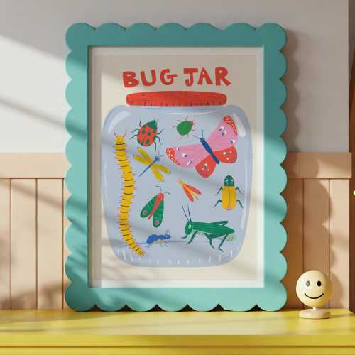 Bug Jar Insect Art Print for Kids – Colorful Playroom Wall Art, Nature-Inspired Nursery Decor, Summer Bug Illustration for Children's Room