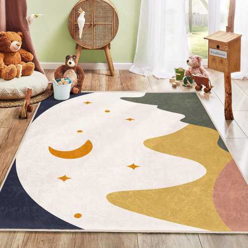 Moon and Stars Nursery Rug | Mountain Landscape Carpet|Gender Neutral Play Mat|Scandinavian Decor