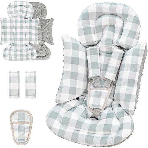 4 in 1 Infant Car Seat Insert, Baby Car Seat Head Body Support for Girls & Boys, Reversible Newborn Car Seat Insert with 3 Extra Strap Paddings, Premature Car Seat Cushion for Stroller, Swing (Grey)