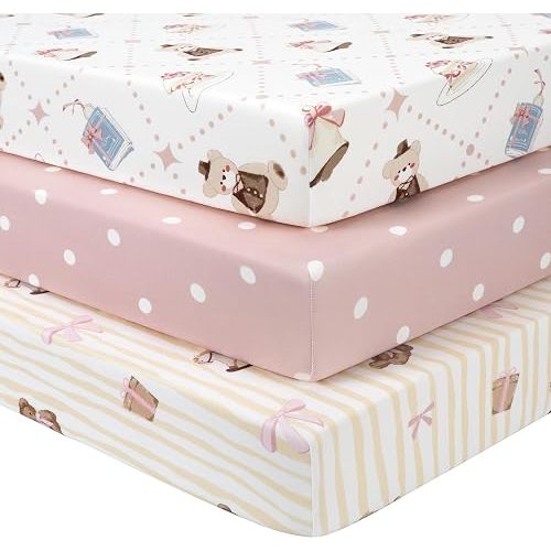 Baby Crib Sheets Girl, 3 Pack Toddler Bed Sheets Fitted for 52βx28β Standard Crib and Toddler Mattresses, Super Soft Microfiber Pink Bear