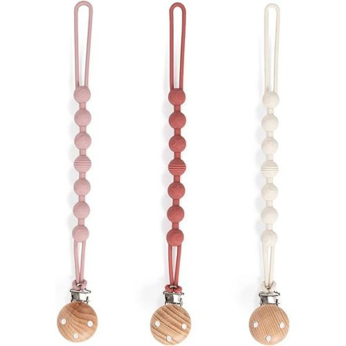 Pacifier Clip, 3 Pack Silicone Pacifier Clips with Wooden Design Pacifier Holder Clip, Soother Clips for Baby Boy & Girl (White+Light Purple+Bean Paste)