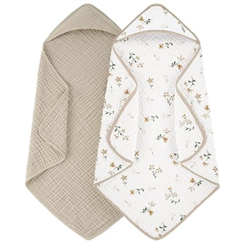 Looxii Baby Bath Towels 2 Pack Muslin Hooded Baby Towels for Newborn and Infants, 100% Cotton, Large 32x32Inch, Soft and Absorbent - Beige