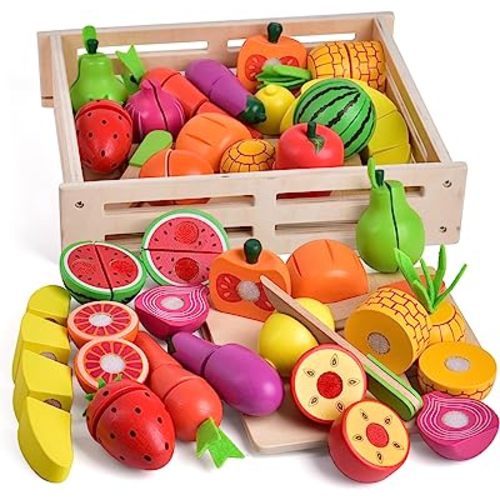 FUN LITTLE TOYS 35PCS Wooden Play Food for Kids Kitchen, Pretend Cutting Food Toys with Wooden Tray, Dishes and Knife for Kids, Pretend Play Food for Christmas Birthday Gifts