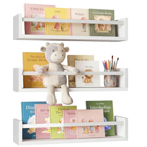 Fixwal Floating Nursery Book Shelves for Wall, 16.5in, Set of 3, White | Solid wood shelves store kids' books, toys and clothing. Fits kids' room, playroom, nursery, living room, bedroom & bathroom.