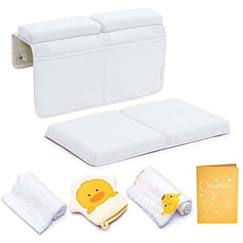 Bath Kneeler and Elbow Rest Pad, Extra Thick Baby Bath Kneeling Pad and Elbow Pad for Bathtub. Bath Tub Elbow Pad with Infant Toy and Baby Accessories Organizer, Off White Color