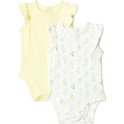 Amazon Essentials x Sofia Grainge Baby Girls' Cotton Ruffle Sleeve Bodysuit with Embroidered Detail, Pack of 2