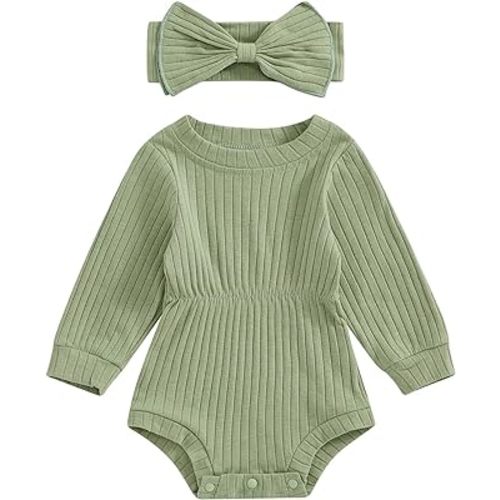 Infant Baby Girl Fall Outfit Clothes Long Sleeve Knit Romper Jumpsuit with Headband Newborn Coming Home Clothing