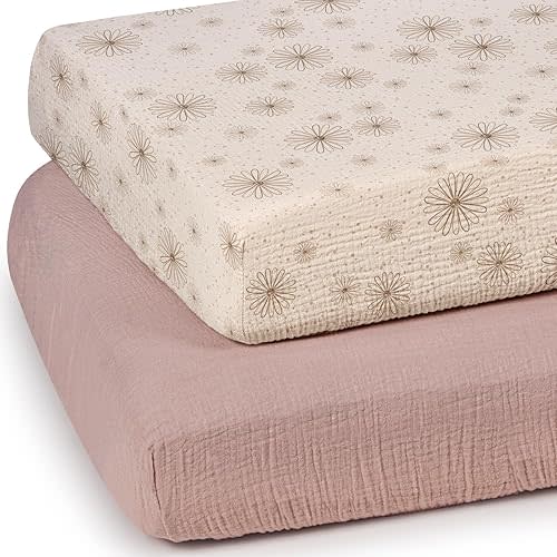 lulumoon Mini Crib Sheets Muslin: Soft Cotton Fitted Mini Crib Mattress Sheets for Boys and Girls 2Pack