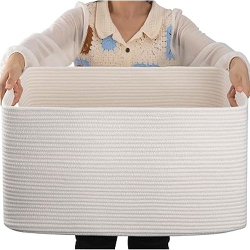 OIAHOMY 75L Large Blanket Basket, Woven Cotton Rope Baskets for Organizing, 22”x17”x12”, Blanket Basket living Room, Bedroom, Nursery, Dog Toy Storage Bins, White