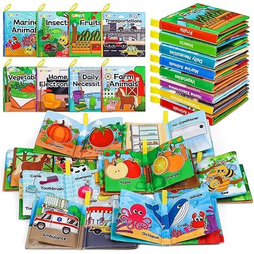 Dr.Rapeti Soft Cloth Books Baby Books Bath Books 8-Pack for Baby Infant Toddler Kid Crinkle Washable Chewable Early Educational Preschool Learning Giftable