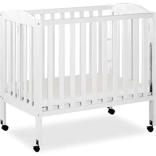Dream On Me 3 in 1 Portable Folding Stationary Side Crib in White, Greenguard Gold Certified, Safety Wheel with Locking Casters, Convertible, 3 Mattress Heights