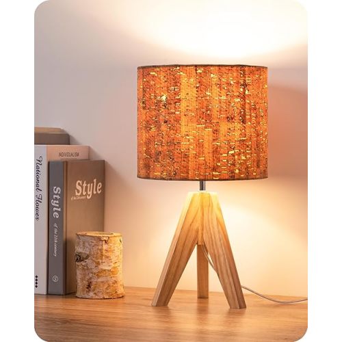 EDISHINE Small Table Lamp, Wooden Tripod Nightstand Lamp with Bark Linen Shade, Farmhouse Bedside Lamp for Nursery, Bedroom, Kids Room, Office, Reading Desk, 14.2 Inch, E26 Socket, ON/Off Switch