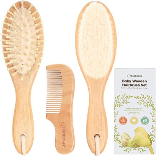Baby Hair Brush and Baby Comb Set - Wooden Baby Brush with Soft Goat Bristle - Toddler Hair Brush Baby Brush and Comb Set - Baby Brush Set for Newborns - Infant Hair Brush, Cradle Cap (Oval, Walnut)