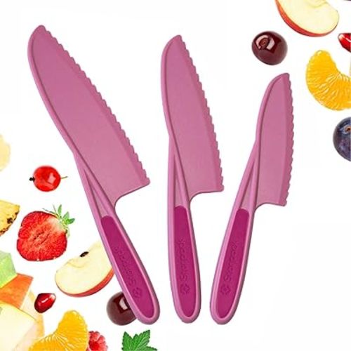 Starpack 'Finger Loving' Kid Safe Kitchen Knife Set of 3 - Kids Knife Set for Real Cooking - Serrated Edges Toddler Knife Set for 3+ Year Olds - Montessori Knife Set - BPA-Free Nylon Knives for Kids