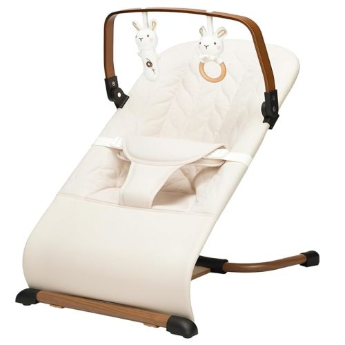 Portable Baby Bouncer, Bouncer Seat for Babies 0-12 Months, 3 Recline Positions, Foldable Baby Rocker Chair with Removable Wooden Bar, Beige