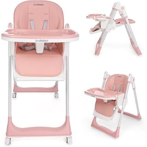 3 in 1 Foldable High Chair for Baby, Adjustable Heights Toddler High Chair with 5 Point Harness, Tray, Foot Rest and Wheels, Pink