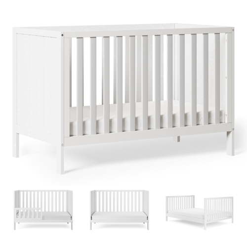 HARPPA 5-in-1 Convertible Baby Crib, Solid Pine Wood, White, Adjustable Heights, Safety Tested