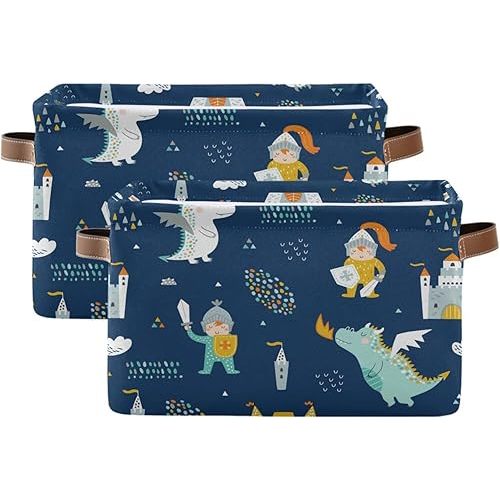 Cute Knight Dragon Castle Storage Basket Fabric Kitchen Baskets Storage Bins Boxes Foldable Organizer Bags for Baby Cloth Pet Toys Books Shelf Closet Playroom Laundry Baskets 2PCS