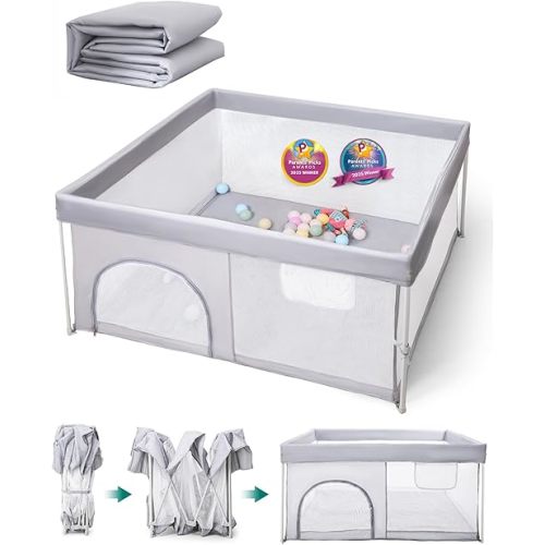 BABELIO Foldable Baby Playpen with Mat, 50" × 50" Portable Playard for Babies and Toddlers, Parents' Picks Awards Winner, Indoor & Outdoor Kids Safety Play Pen Area, Travel Fence, Grey