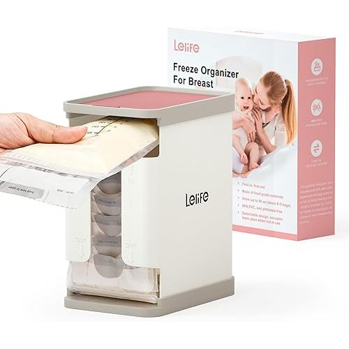 Freeze Organizer for Breast Milk Storage Bags, Container Storing First-in First-Out System with Tray for Freezing Breastmilk to Feed Baby (Pink)