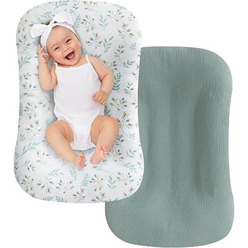 UBBCARE 2 Packs Muslin Baby Lounger Cover, Baby Nest Sleeper Cover for Baby Boys and Girls, Washable Slipcover Fit Infant Lounger, Organic Lounger Cover for Newborn - Green&Flower